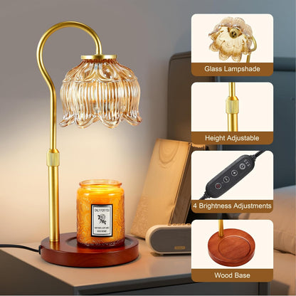 Dreamholder Electric Candle Warmer Lamp with Timer & Dimmer, Adjustable Height Wax Melt Warmer for Jar Candles, Wood Base Candle Melter, Floral Home Decor Gifts for Women, Mom, Natural Wood