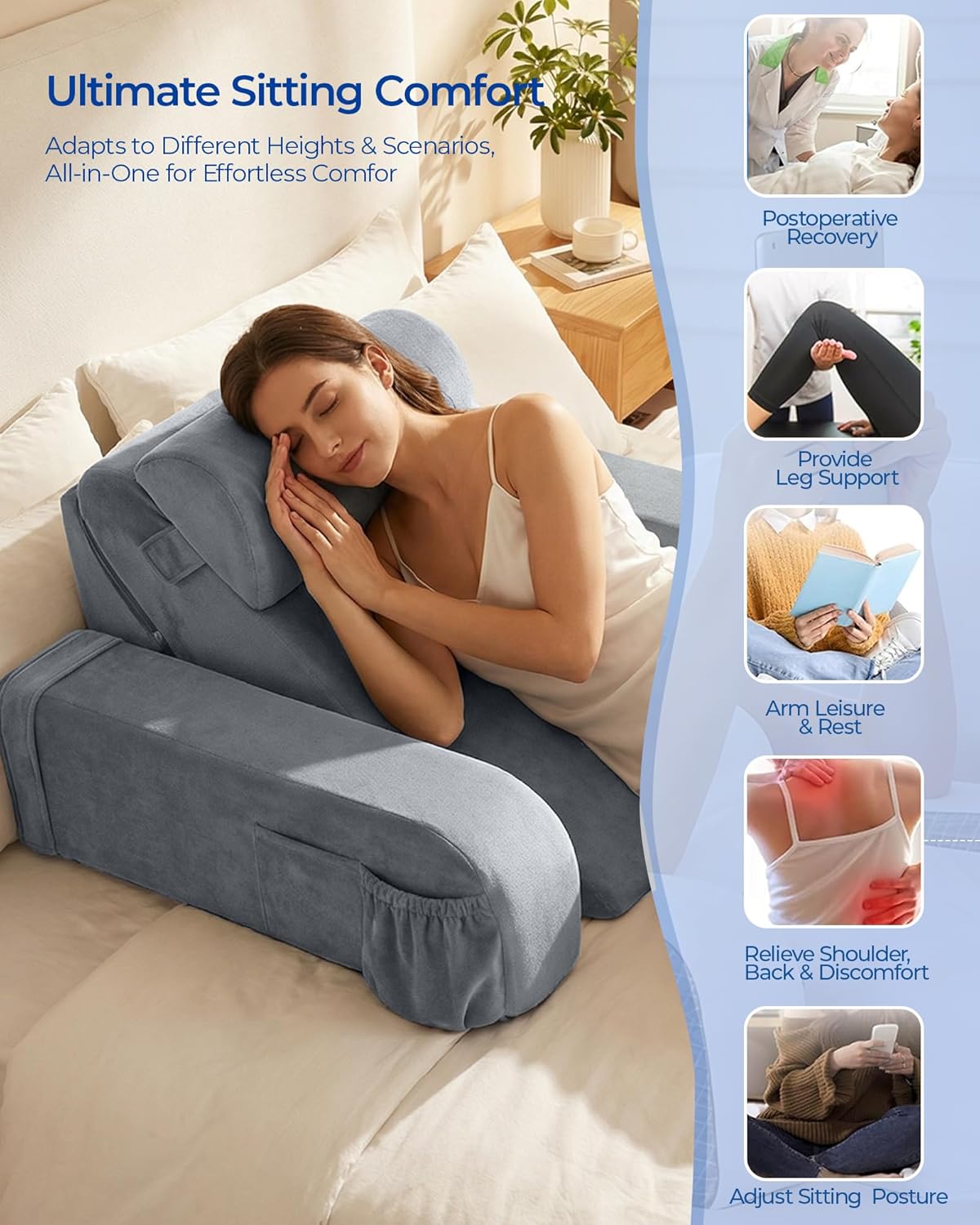 Kayfia Reading Pillow, 30-90° Stepless Adjust Angle & Height, Large, Grey | 2 in 1 Back Wedge Pillow for Bed Sitting up, Adjustable Headrest, Backrest Pillow for Reading/Gaming/Working in Bed or Couch