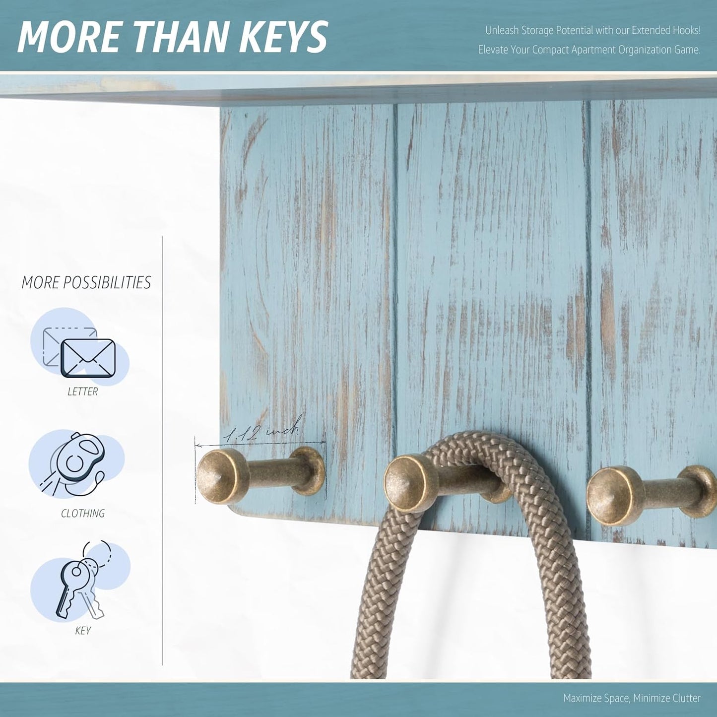 Rebee Vision Key Holder Wall Mount with Shelf for Entryway, Distressed Blue | Key and Mail Holder for Wall, Shelf, 4 Key Hooks, Farmhouse Decor, Room Decor Aesthetic, Compact Home Storage, Wall Organizer