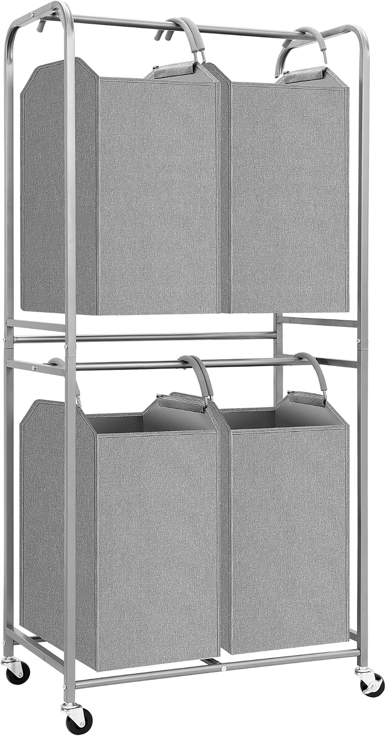 STORAGE MANIAC 2 Tier Vertical Laundry Hamper, 2 Section Laundry Sorter with 2 Removable Tote Bags, Rolling Clothes Basket for Towels, Blankets, Tall Dirty Clothes Hamper for Closet, 2 Bags Gray