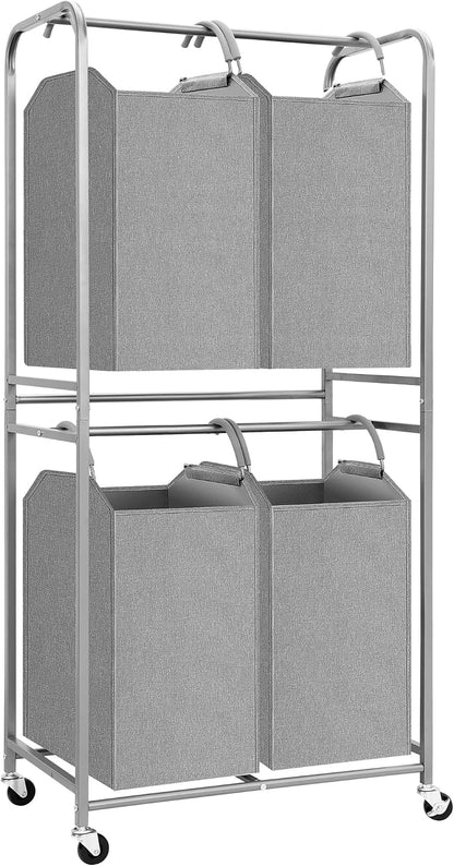 STORAGE MANIAC 2 Tier Vertical Laundry Hamper, 2 Section Laundry Sorter with 2 Removable Tote Bags, Rolling Clothes Basket for Towels, Blankets, Tall Dirty Clothes Hamper for Closet, 2 Bags Gray