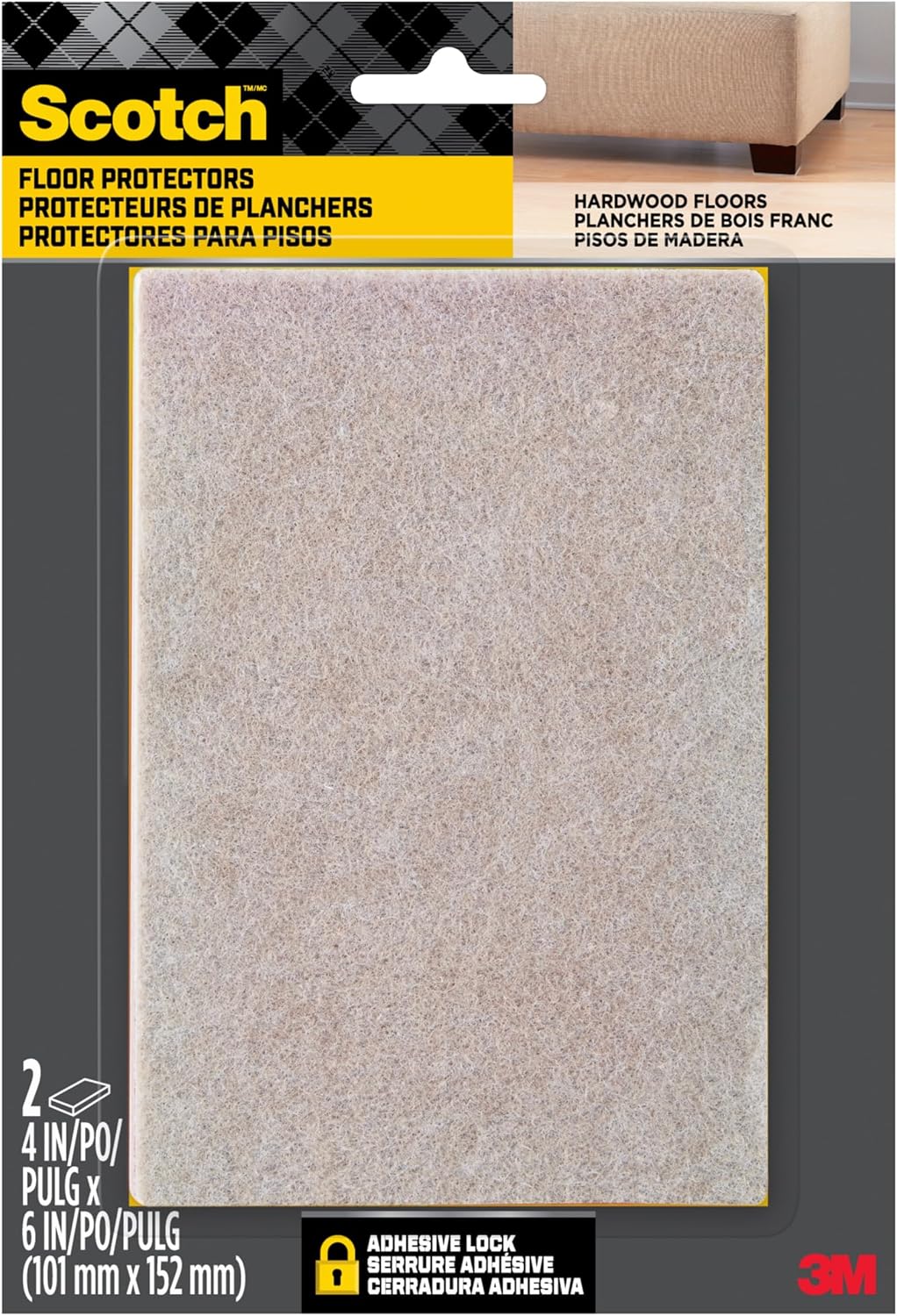 Scotch Felt Pads, 2 Pads, Rectangular, Beige, 4 in x 6 in | Protecting Hardwood Floors, Easy-to-apply, Self-Stick design, Reliable protection from nicks, dents and scratches (SP800-NA)