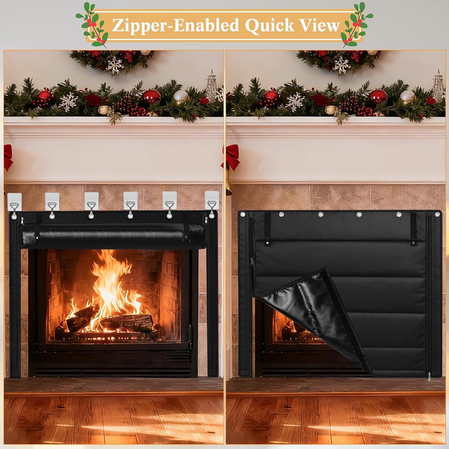 Fireplace Cover, Indoor Fireplace Blanket with Hook & Loop Tapes, Fireplace Draft Cover Stops Heat Loss, Fire Place Draft Stopper Cold Air Blocker Save Energy 39"x32" Black