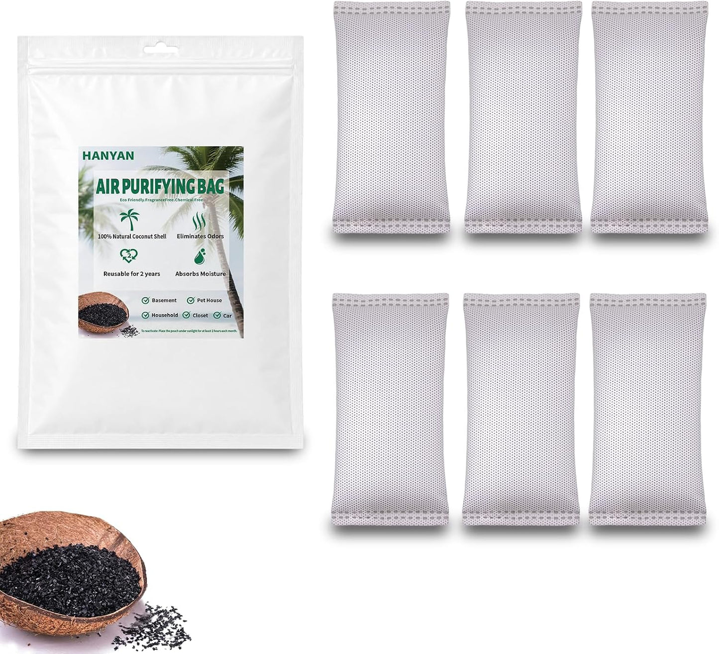 Coconut Shell Charcoal Air Purifying Bags 50g, Removes Odors and Moisture, Nature Fresh Air Purifier Bags, Odor Eliminator for Home, Car, Pets, Bathroom, Basement(4 x 50g)