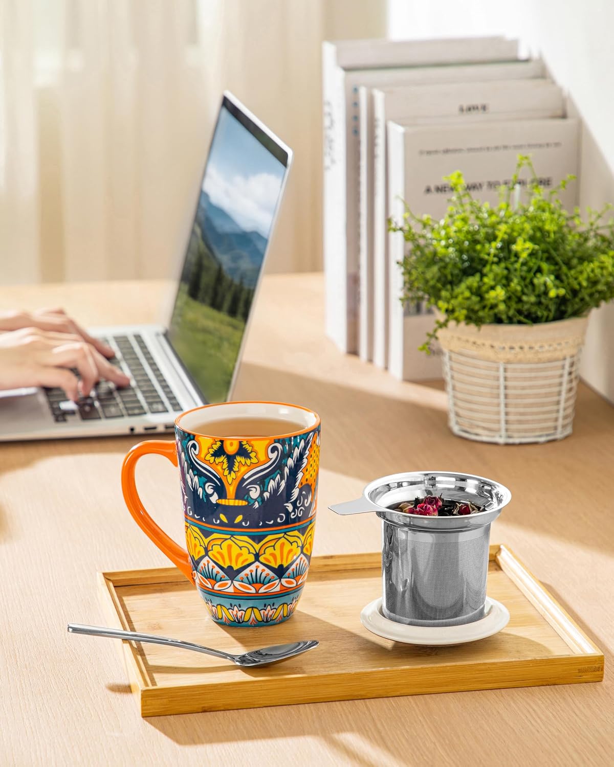 vancasso 18 Oz Tea Infuser Mug with Lid, Mint Petal Whirl | Eye catching Bohemian pattern, adds charm to any tea corner, ceramic mug with infuser, microwave and dishwasher safe