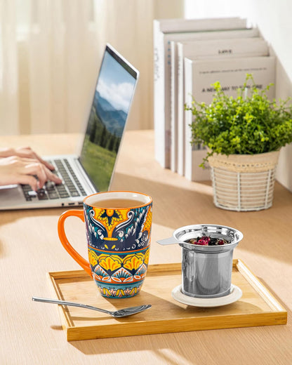 vancasso 18 Oz Tea Infuser Mug with Lid, Mint Petal Whirl | Eye catching Bohemian pattern, adds charm to any tea corner, ceramic mug with infuser, microwave and dishwasher safe