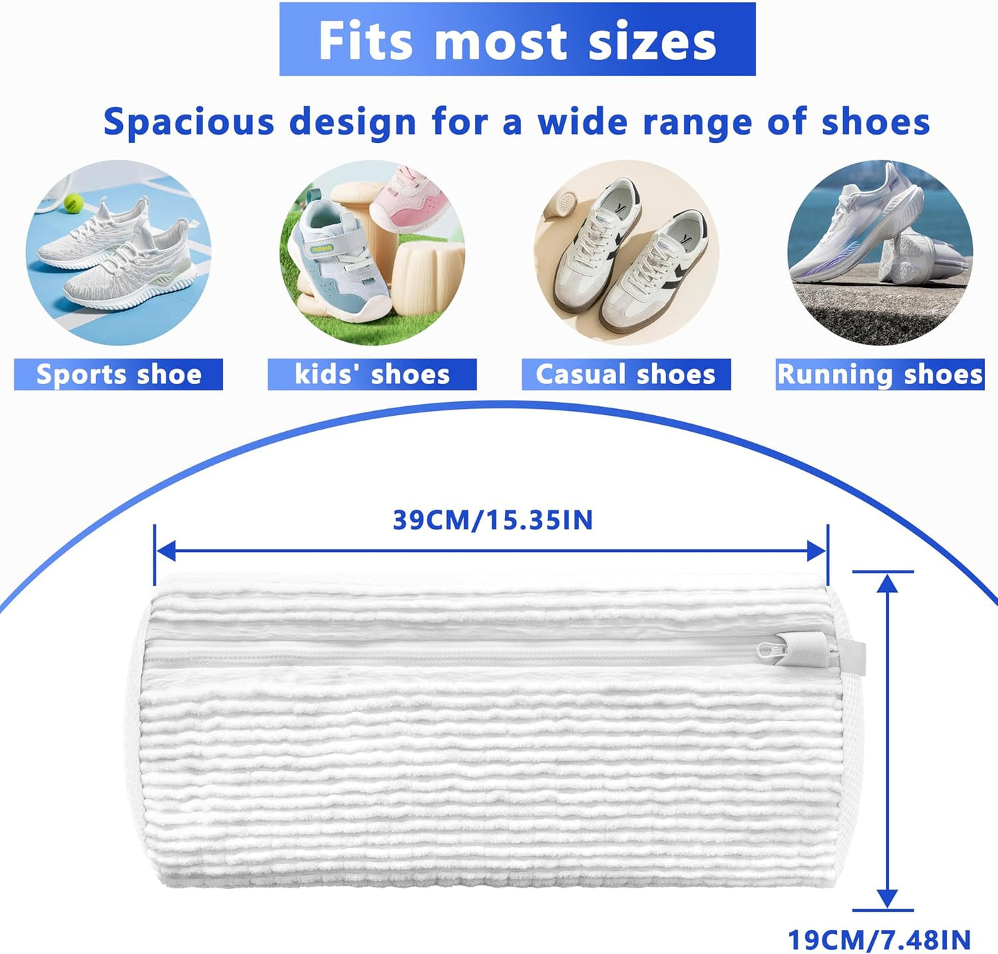 Reusable Shoe Washing Bag, 2-Pack Chenille Laundry Bag for Washer & Dryer. | Soft chenille fibers help deep clean sneakers while the hidden zipper keeps shoes secure and helps protect your washer.