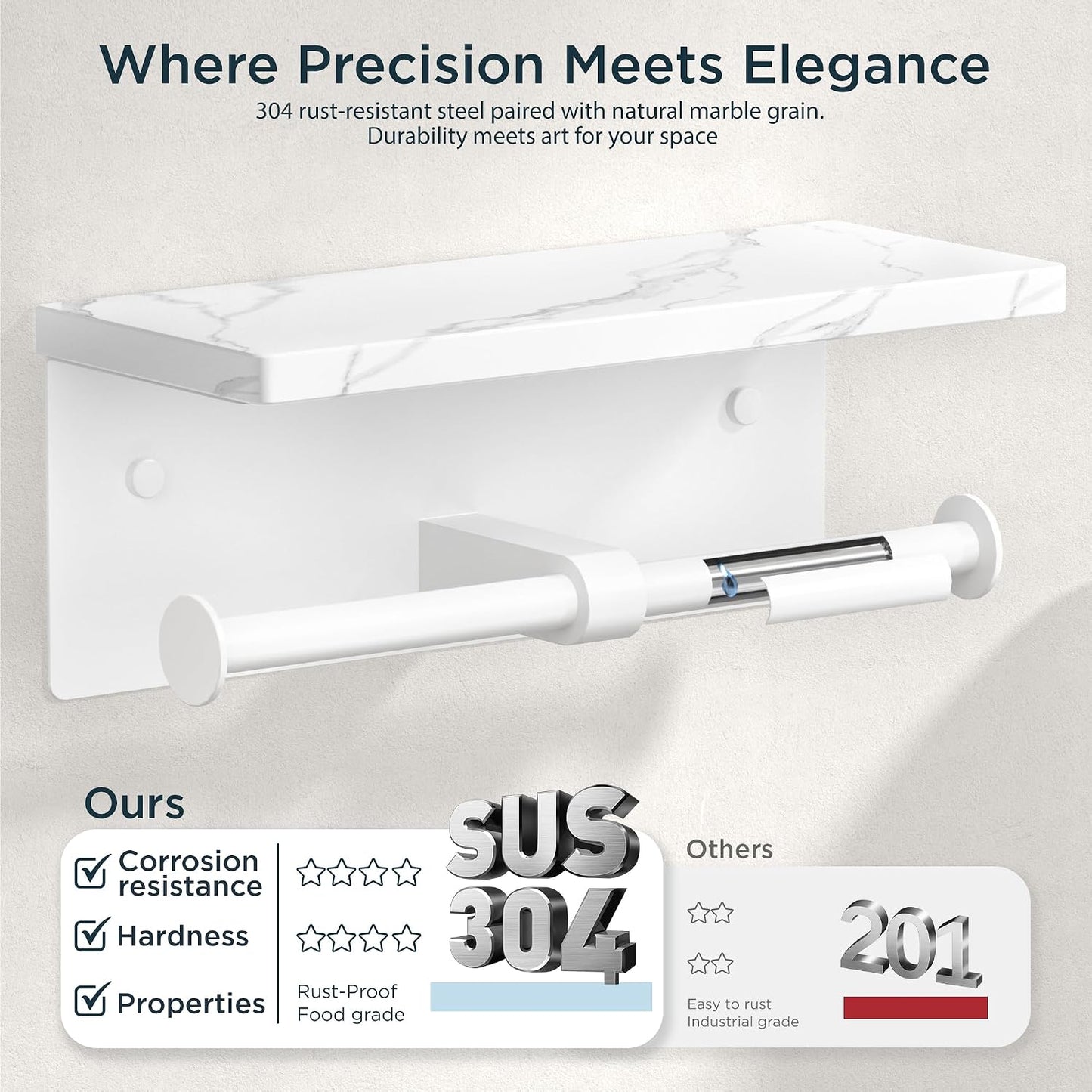 FORIOUS Toilet Paper Holder with Shelf, Natural Marble, Commercial | Brushed Nickel, Wall Mount 304 Stainless Steel Commercial Bathroom Tissue Roll Dispenser, Heavy Duty Washroom Paper Storage