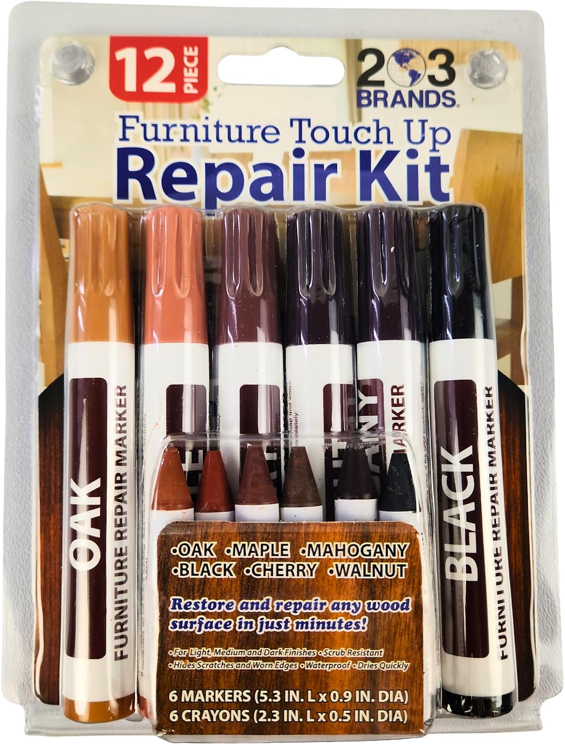 Furniture Touch-Up Markers Set | Wood Repair Kit for Fixing Stains and Scratches on Floors, Tables, Bedposts, Desks | Markers and Wax Sticks to Cover Up Oak Maple Cherry Walnut Mahogany