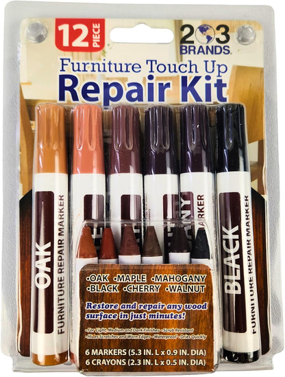 Furniture Touch-Up Markers Set | Wood Repair Kit for Fixing Stains and Scratches on Floors, Tables, Bedposts, Desks | Markers and Wax Sticks to Cover Up Oak Maple Cherry Walnut Mahogany