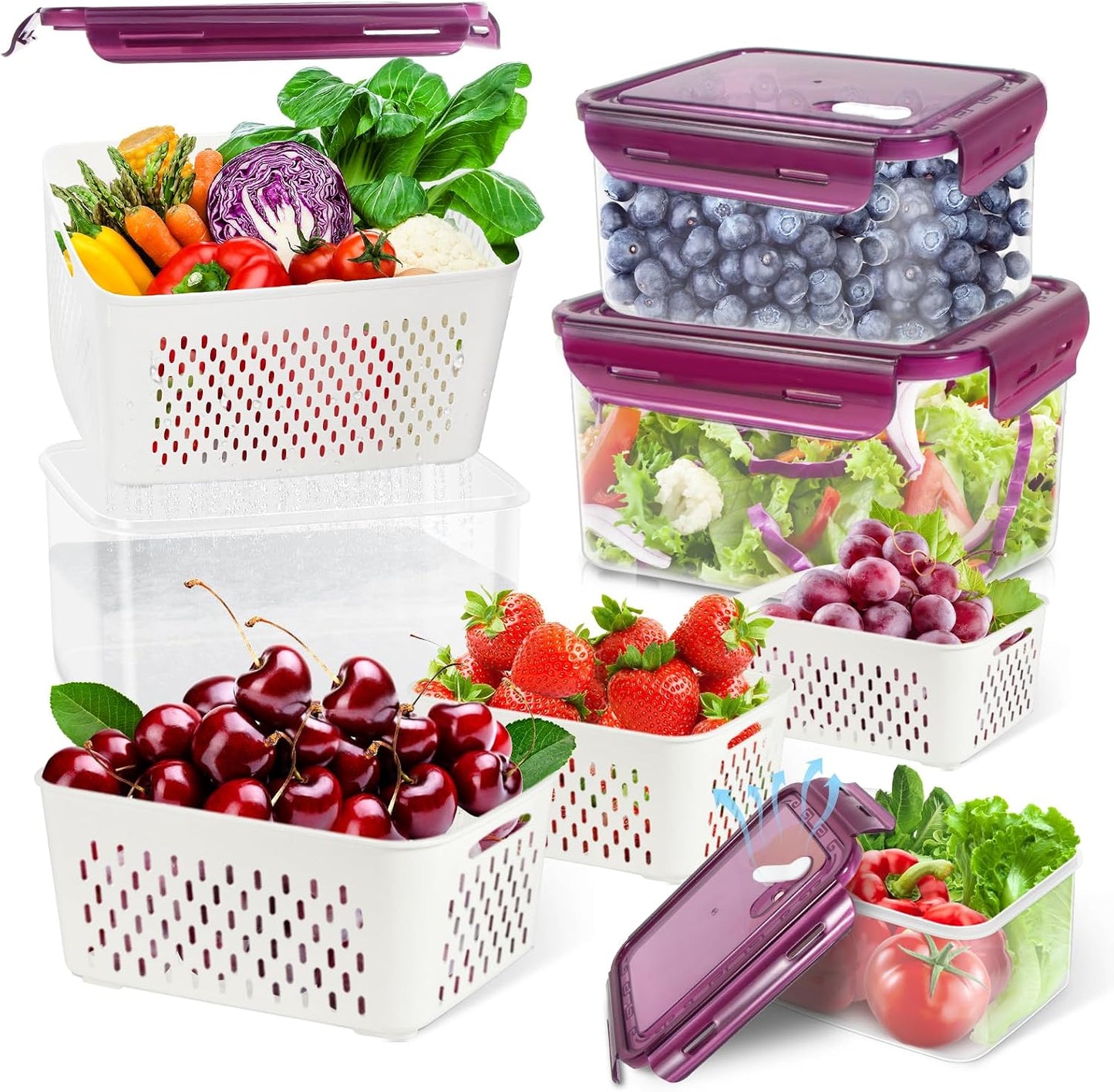 TBMax Fruit Storage Containers for Fridge Organizers and Storage, 4 Pack Large Produce Saver with Airtight Lid & Colander for Berry Lettuce Salad Vegetable Storage, Refrigerator Organizers