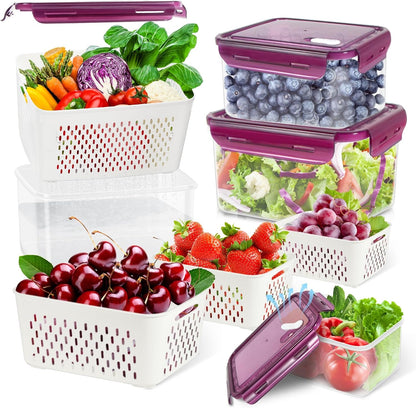 TBMax Fruit Storage Containers for Fridge Organizers and Storage, 4 Pack Large Produce Saver with Airtight Lid & Colander for Berry Lettuce Salad Vegetable Storage, Refrigerator Organizers