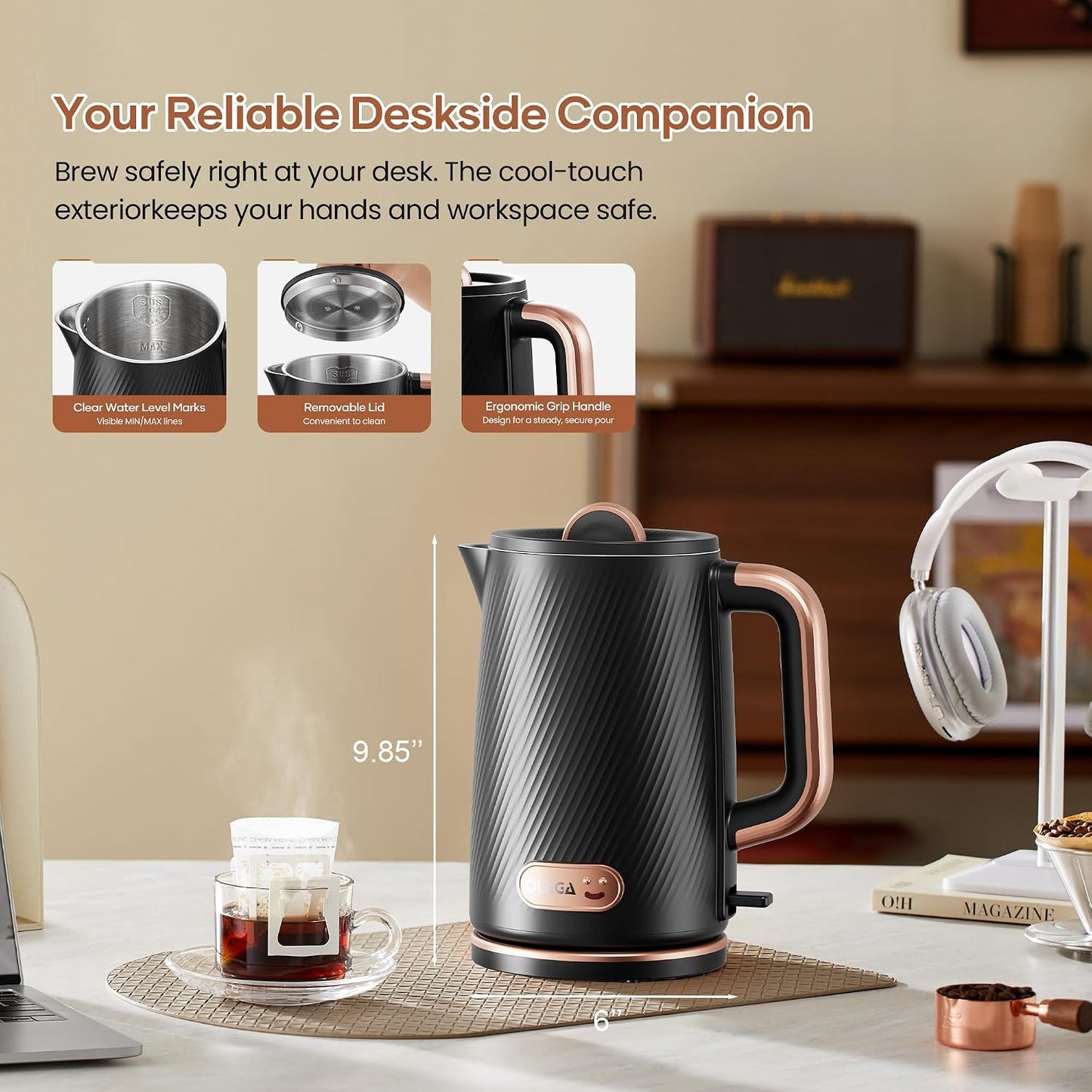 OLEGA Electric Tea Kettle: 1200W Fast Boil Electric Water Kettles 1.5L | Stainless Steel Kettle; Large Electric Water Kettle; Plastic Free Teapot; Auto Shut-Off Water Boiler; Fast Boil Kettles