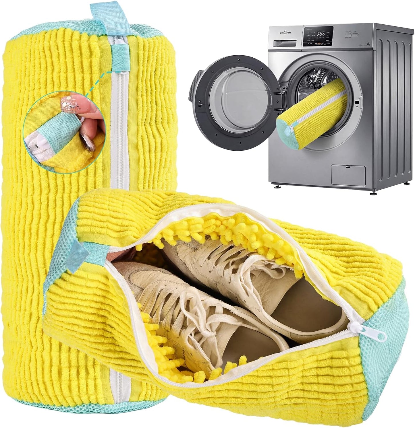 Shoe Washing Machine Bag Reusable Sneaker Washing Bag with Built-in Fluffy Brushes for 360° All-Around Cleaning, Laundry Shoe Bag is Designed for Washer and Dryer （Yellow 2pcs）