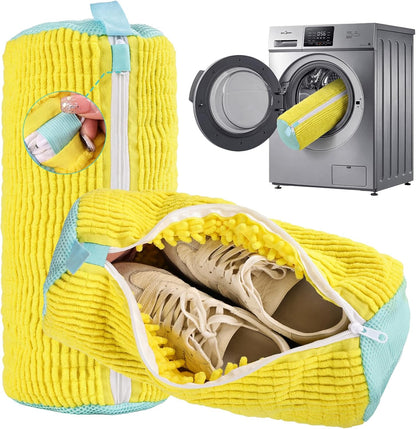 Shoe Washing Machine Bag Reusable Sneaker Washing Bag with Built-in Fluffy Brushes for 360° All-Around Cleaning, Laundry Shoe Bag is Designed for Washer and Dryer （Yellow 2pcs）