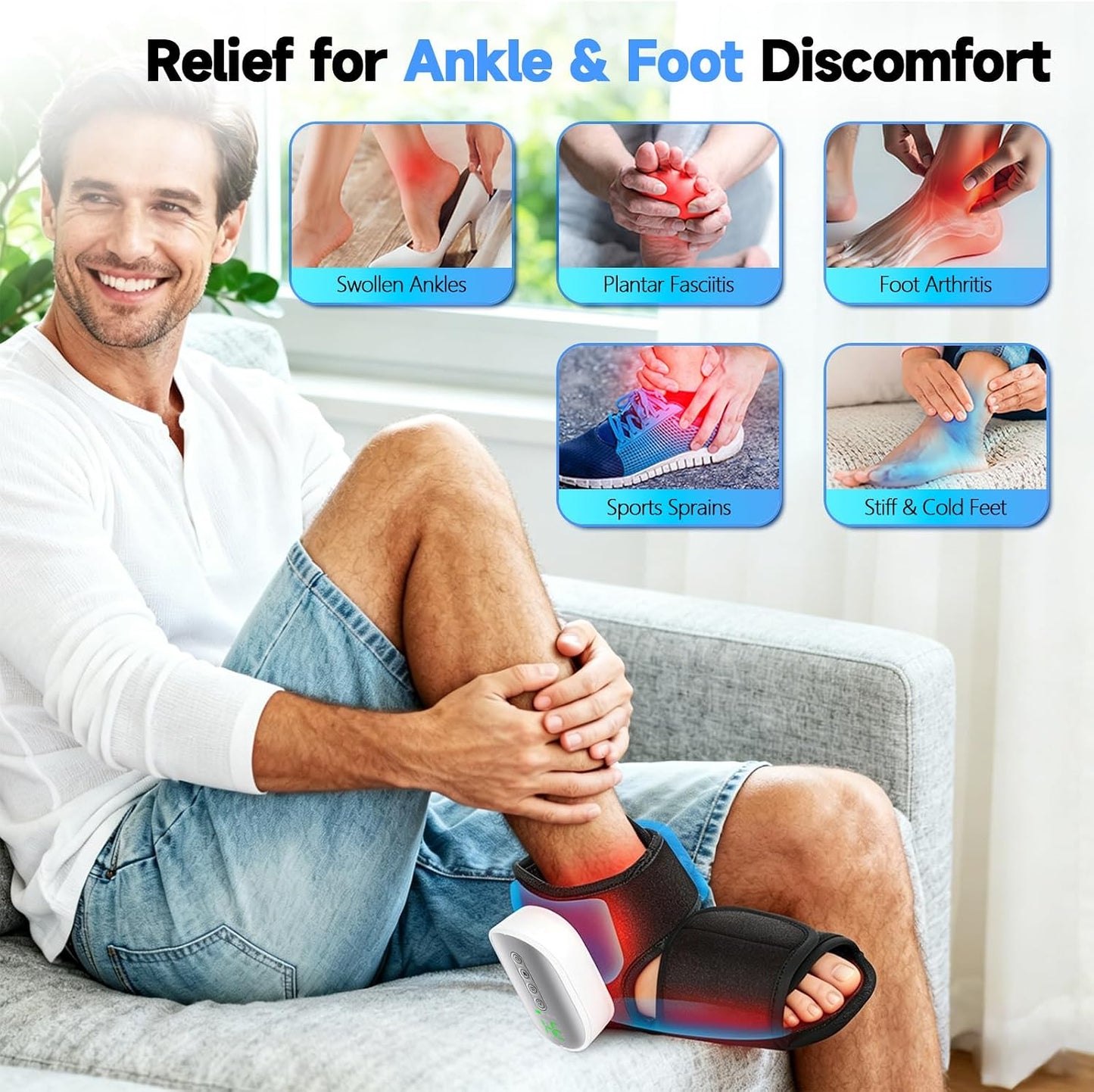 Portable Air Compression Foot Massager with Heat,4 Heat 4 Modes 3 Airbags,Smart Timer,Cordless Ankle Compression Massage for Muscle Relaxation & Fatigue Relief,Gifts for Men Women(Size 5 to 9, 1PC)