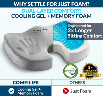 ComfiLife Doctor Recommended Seat Cushion - Premium Gel & Memory Foam Office Chair, Car Seat, Lifting Cushion - Chair Cushions for Back & Sciatica Relief - Seat Cushions for Office & Desk (Black)