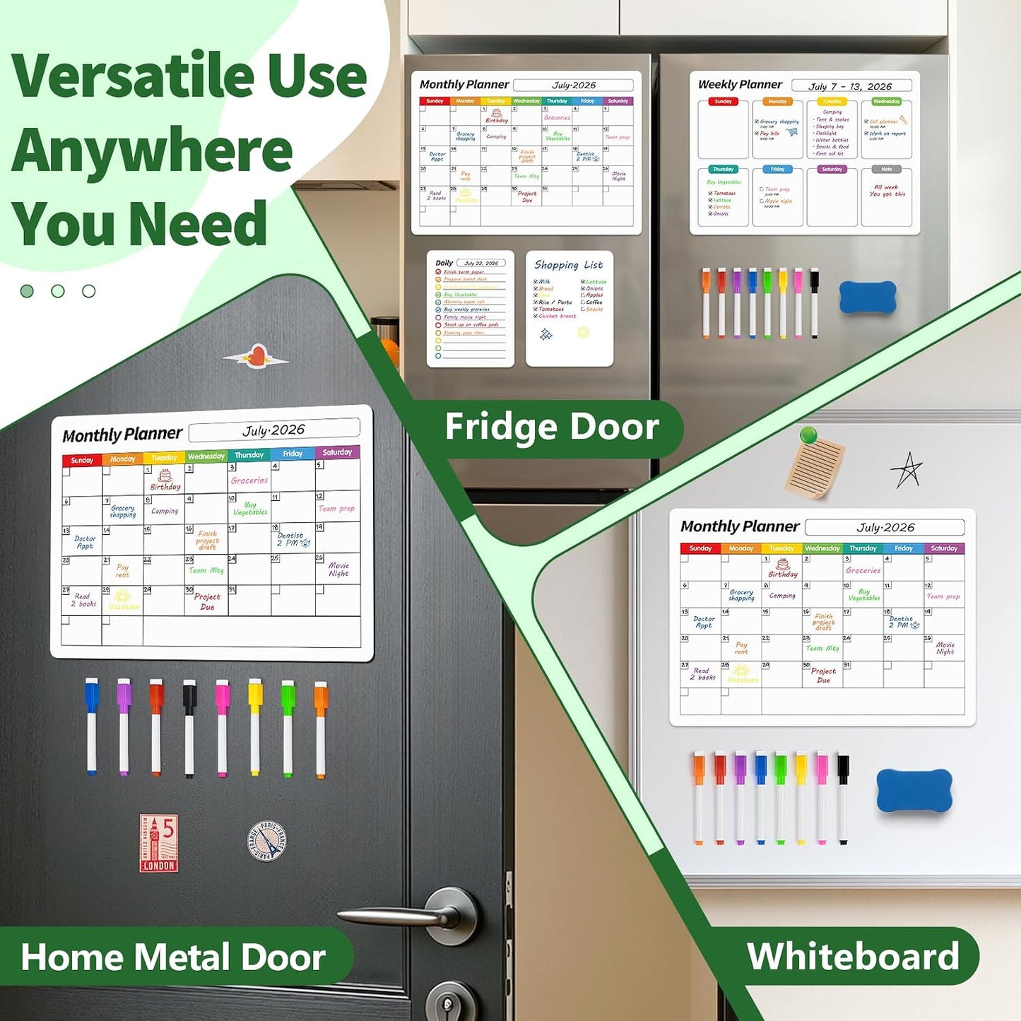 FINDMAG 4 Pack Fridge Calendar, Magnetic Calendar for Dry Erase, Black | Magnetic Dry Erase Board, Monthly Calendar for Fridge with 8 Markers & Eraser