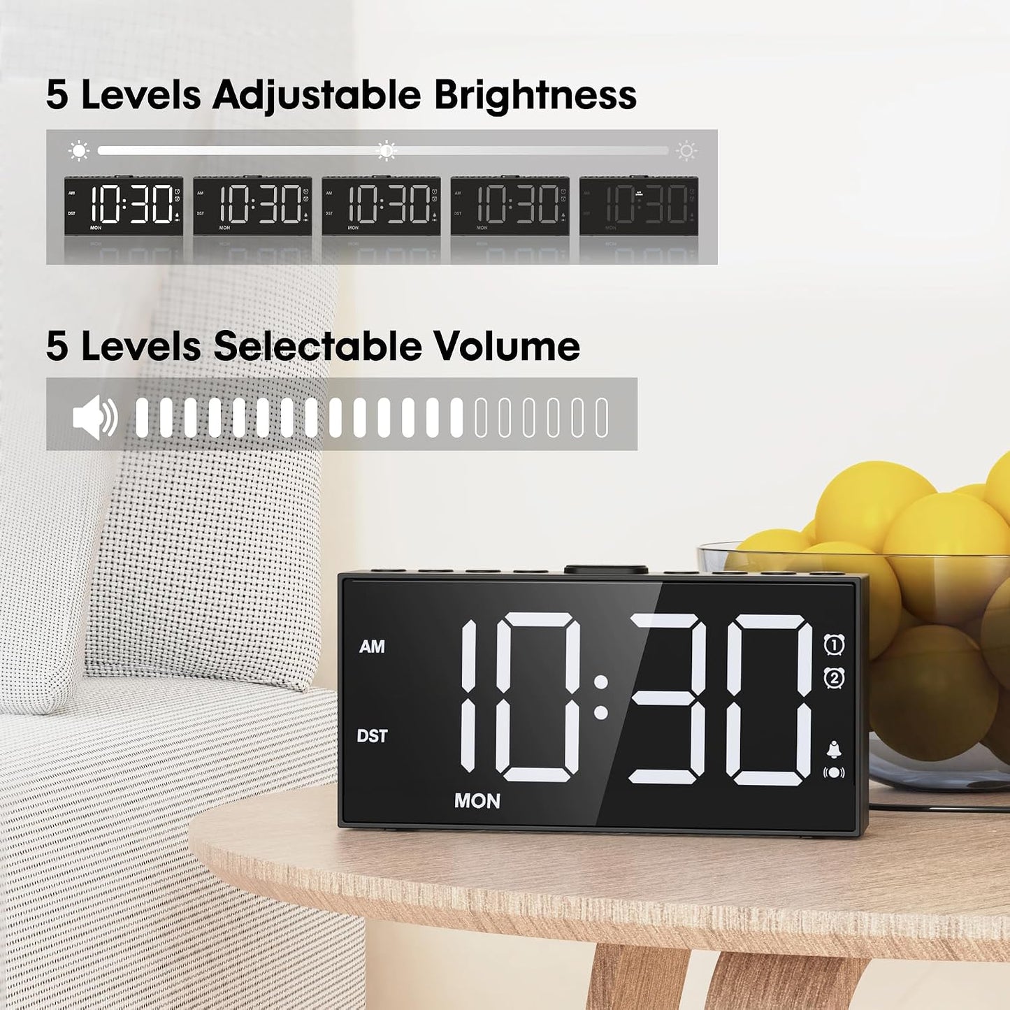 Mesqool Loud Alarm Clock with Bed Shaker & Dual Alarms, USB Port | Extra Loud Vibration Alarm Designed for Heavy Sleepers & Hearing Impaired. 5-level Dimmer, Battery Backup, Snooze & DST.