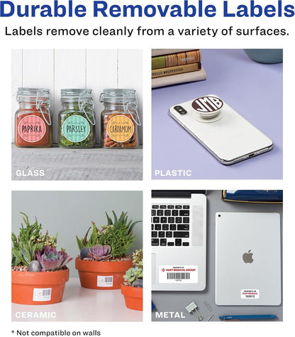 Avery® Durable Removable Rectangle Labels, Sure Feed® Technology, 1" x 2-5/8", Matte White Film, Water-Resistant, Print-to-The-Edge, Laser/Pigment-Based Inkjet Printable, 128 Total