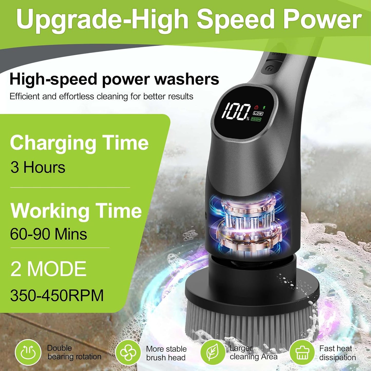 WKY-Electric Spin Scrubber - 10-in-1 Cordless Shower Scrubber & Cleaning Brush with Extendable Handle, 42 in-lbs Ultra High Torque, 2 Speeds, IPX7, LED Display, Smart AI Chip, for Bathroom, Kitchen