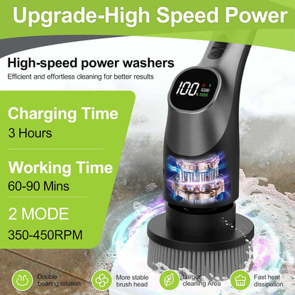 WKY-Electric Spin Scrubber - 10-in-1 Cordless Shower Scrubber & Cleaning Brush with Extendable Handle, 42 in-lbs Ultra High Torque, 2 Speeds, IPX7, LED Display, Smart AI Chip, for Bathroom, Kitchen