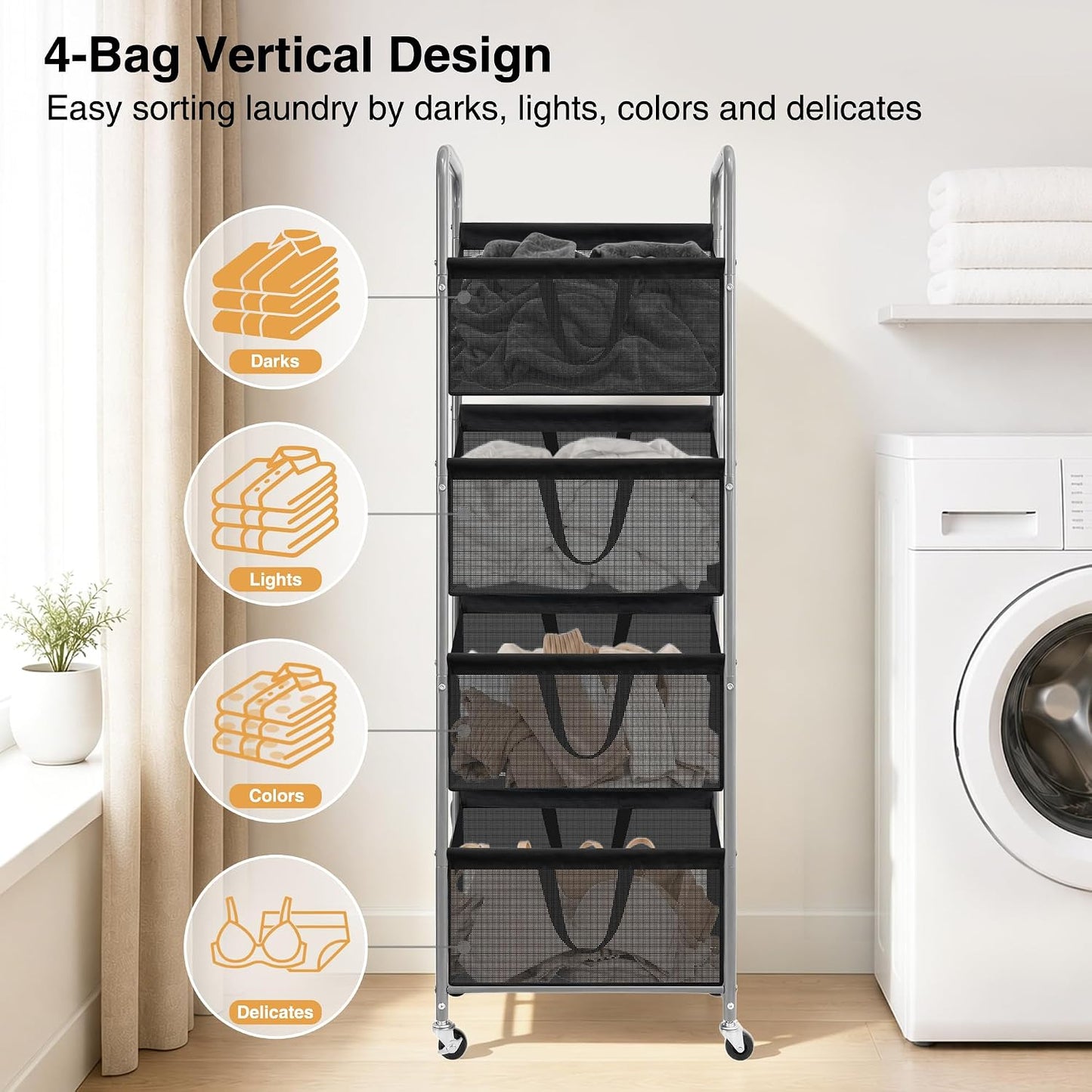 STO STO 3-Tier Vertical Rolling Laundry Hamper, Removable Bags, Black Mesh | 120L Capacity, Space-Saving Vertical Design, Rust-Resistant Steel Frame, Lockable Wheels, Ideal for Apartments & Small Spaces