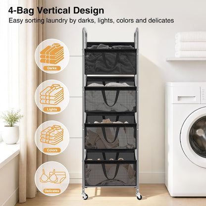 STO STO 3-Tier Vertical Rolling Laundry Hamper, Removable Bags, Black Mesh | 120L Capacity, Space-Saving Vertical Design, Rust-Resistant Steel Frame, Lockable Wheels, Ideal for Apartments & Small Spaces