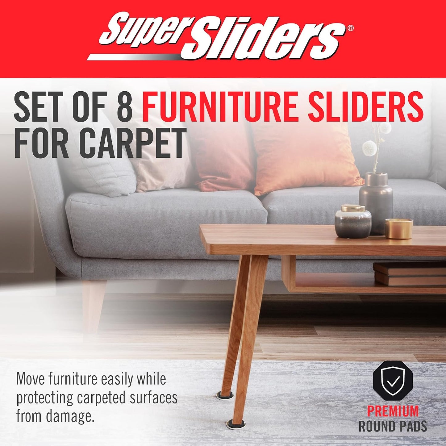 Super Sliders 2-1/2" Round Reusable Furniture Sliders for Carpet, Anti-Slip Protective Furniture Moving Pads for Beds, Sofas, Dressers, Set of 8, Black