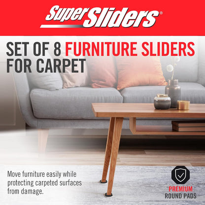 Super Sliders 2-1/2" Round Reusable Furniture Sliders for Carpet, Anti-Slip Protective Furniture Moving Pads for Beds, Sofas, Dressers, Set of 8, Black