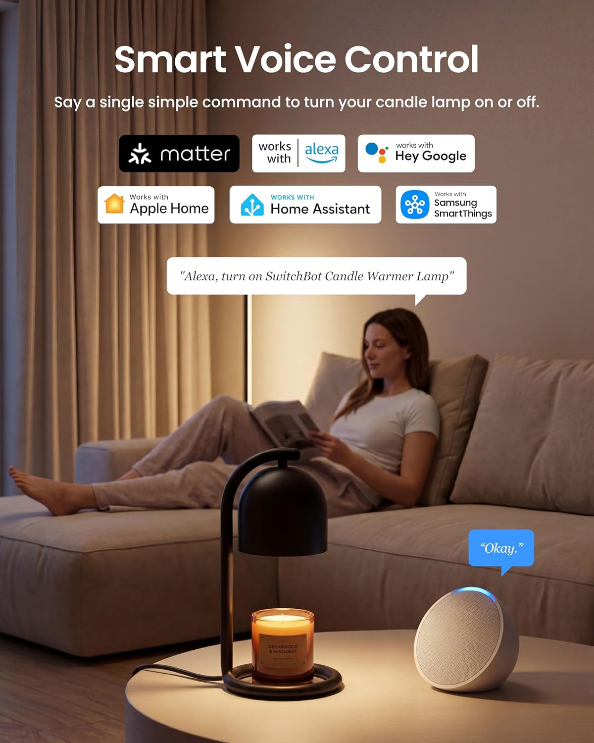SwitchBot Smart Candle Warmer Lamp App & Voice Control, Flameless Wax Melter with Timer, Bulb x2, for Jar Candles, 1%-100% Dimmable, Matter for Apple Home & Alexa, Women Birthday Housewarming Gift