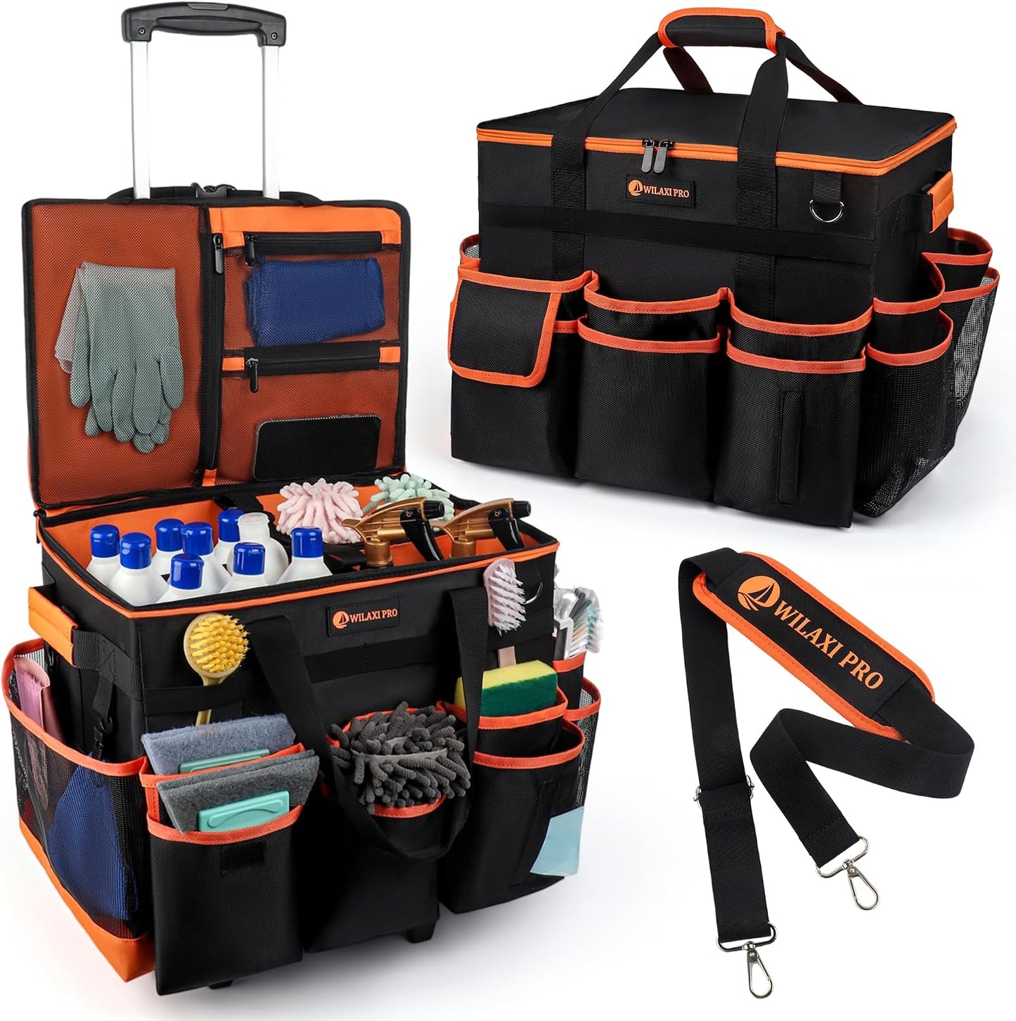 WILAXI PRO Large Rolling Cleaning Caddy with Wheels and Detachable Trolley, Extra Large Water-Resistant Cleaning Cart for Housekeepers, Cleaning Supplies Organizer with Multi-Pockets Tools Storage
