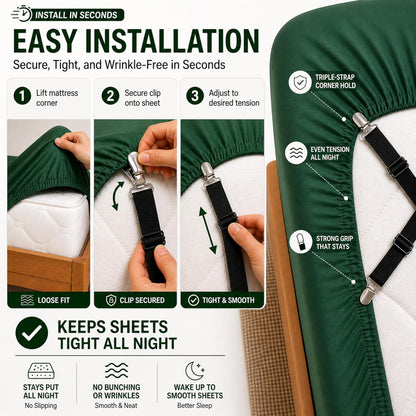Bed Sheet Holder Straps – 4 Pack Sheet Fasteners for Corners, Keep Sheets Tight All Night, Adjustable Mattress Straps for Queen, King & Full Beds (Plastic Hardware)