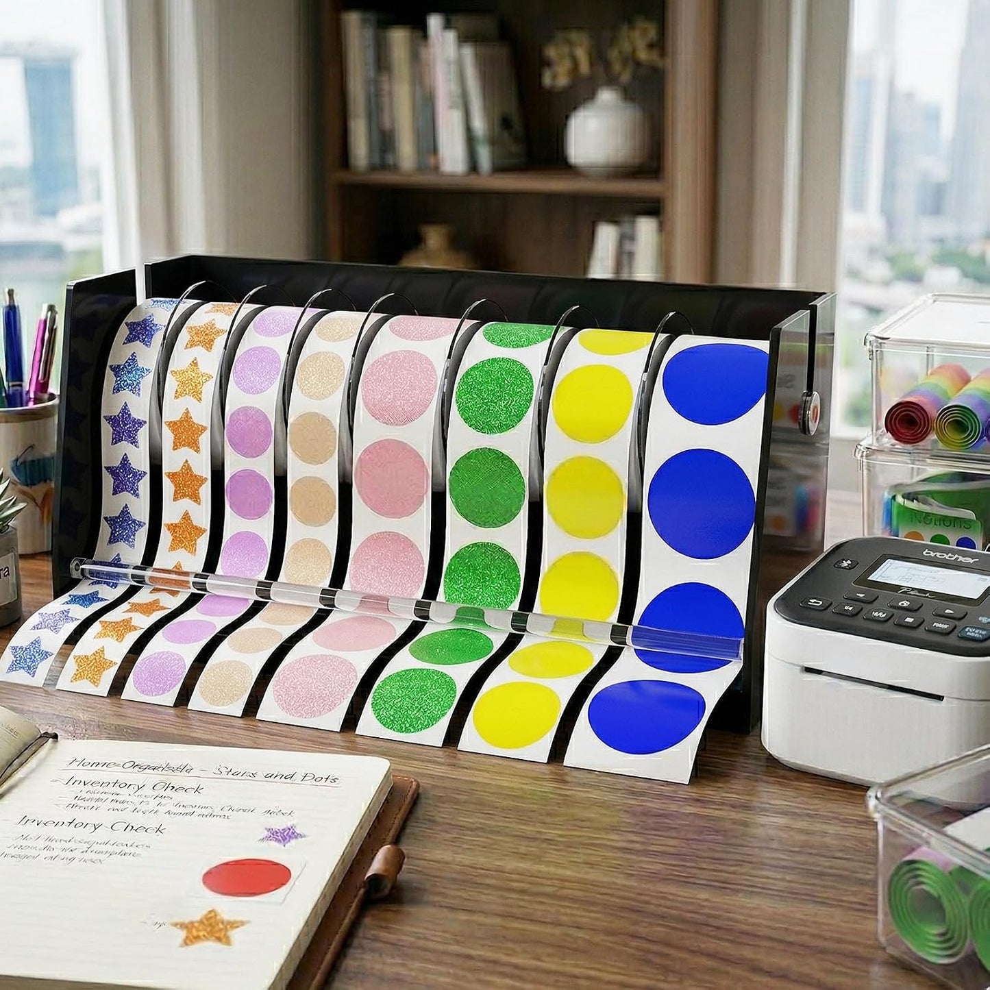 Sticker Dispenser Adjustable Label Roll Holder 2 Divider Disks | Holds 3 Rolls, Easy Assembly, Durable Acrylic, Fits Multiple Roll Sizes, Smooth Dispensing, Home, Office, Retail, Business