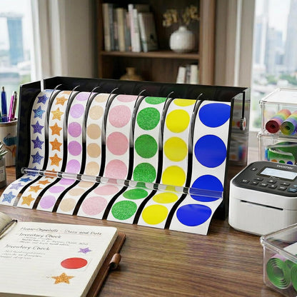 Sticker Dispenser Adjustable Label Roll Holder 2 Divider Disks | Holds 3 Rolls, Easy Assembly, Durable Acrylic, Fits Multiple Roll Sizes, Smooth Dispensing, Home, Office, Retail, Business