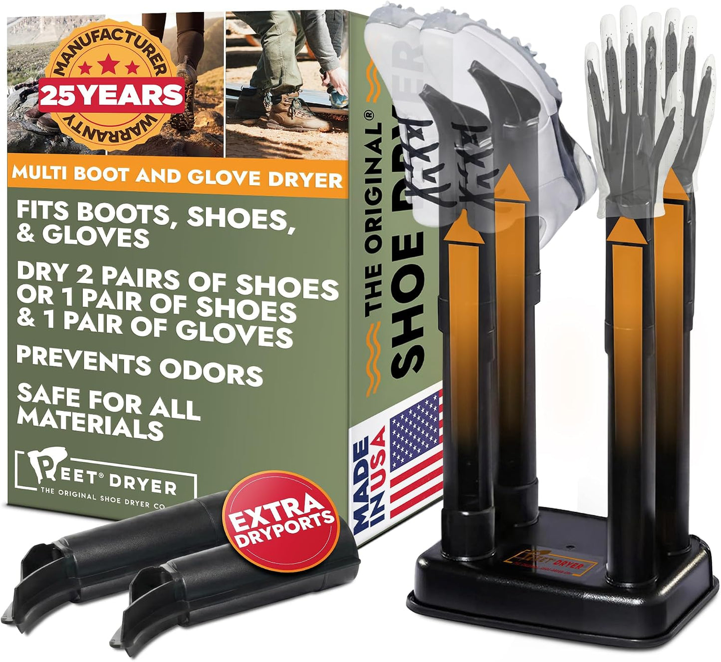 PEET Multi Boot, Shoe & Glove Electric Dryer with Built-In Glove DryPorts | Includes 2 Pairs of Shoes & 1 Pair of Glove Dryports, Silent & Always-On, For Ski, Snowboard & Hockey Gear, Made in USA