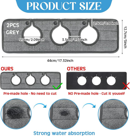 Teenyyou 2 Pcs Faucet Mat for Kitchen Sink Splash Guard for Kitchen Sink Faucet Dish Drying Mat for Bathroom Sponge Holder(Dark Gray,3 Round Holes)