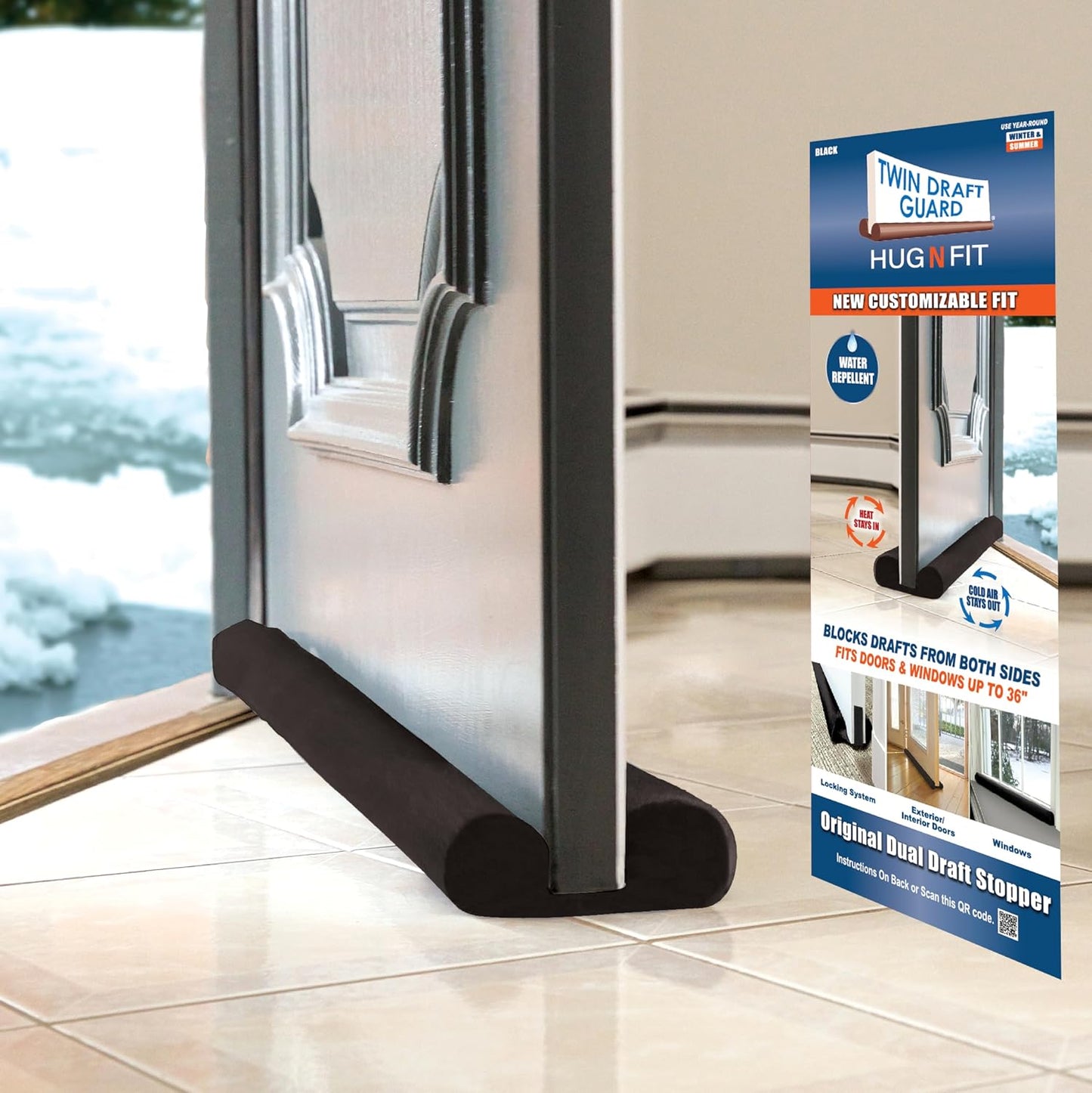 Twin Draft Guard Hug N Fit, Original Dual Draft Stopper Instantly Blocks Air from Entering, Water Repellent, Fits 28”-36” Length with 1.5” Energy Saver Tube