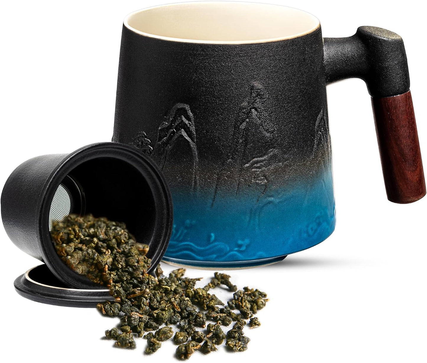 suyika Tea Cup with Infuser and Lid, 15.2 Ounce Wood Handle Ceramic Loose Leaf Mug Gradient Black&Green 450ml