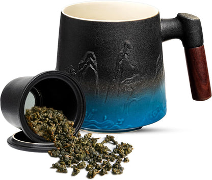 suyika Tea Cup with Infuser and Lid, Gradient Black & Blue, 15.2oz /450ml