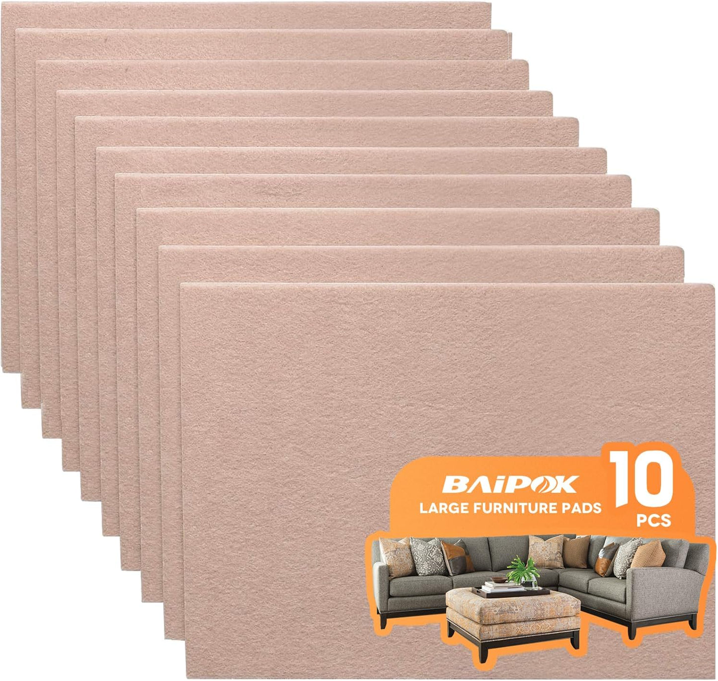 Felt Furniture Pads 10pcs 8" x 6" Adhesive Large Felt Pads, Cuttable | Chair Leg Pads, Hardwood Floor Protectors for Furniture, Black
