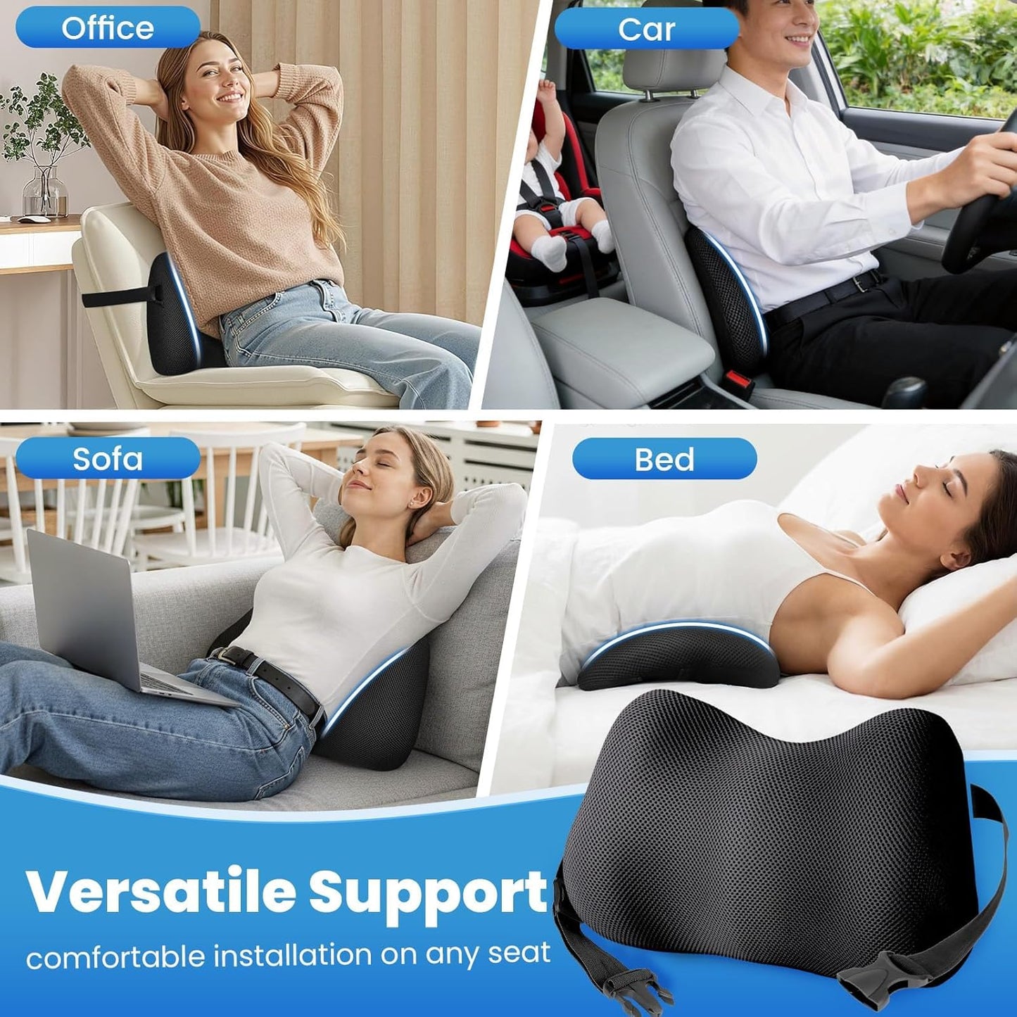 Lumbar Support Pillow, Memory Foam Back Cushion for Office Chair Car, Black | Ergonomic Lower Back Support with Adjustable Strap, Breathable Removable Cover for Couch, Wheelchair and Daily Comfort