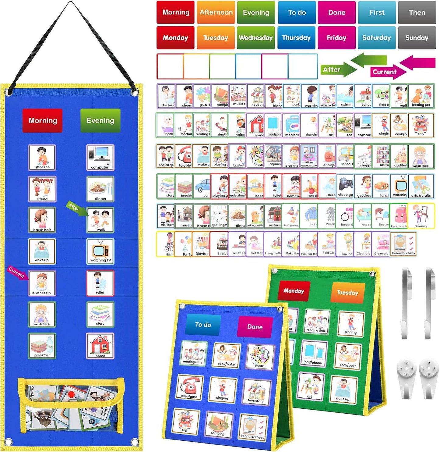 KIKIGOAL Kids Visual Schedule Calendar Chart, 2 in 1 Autism Daily Chore Routine Chart with 96 Cards Autism Learning Materials Bedtime Routine for Toddlers Home School