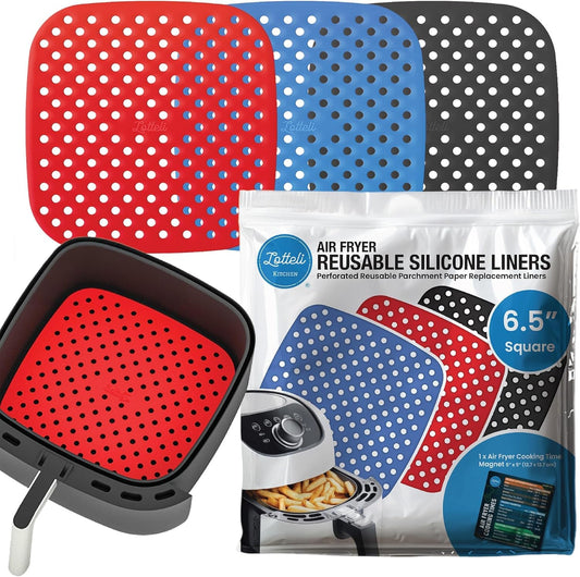 Lotteli Kitchen, Reusable Air Fryer Liners, 6.5 in Square, 3 Pack | Air Fryer Accessories - Square Silicone Liners for 2 QT Baskets - Dishwasher Safe, Non-Stick, No Scrubbing