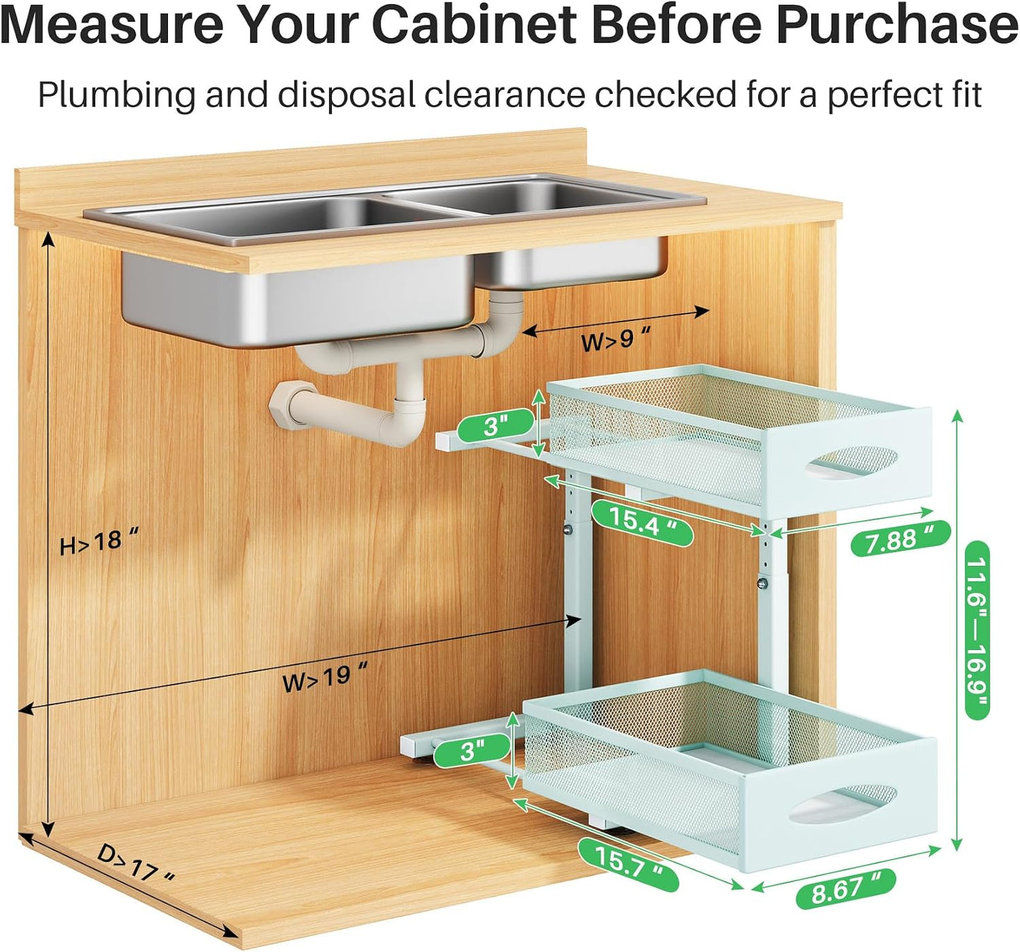 Under Sink Organizer, 2 Tier Pull out Cabinet Organizer Baskets with Mesh Sliding Drawers, Slide out Storage Shelf for Home, Kitchen, Bathroom, Pantry, Office Cabinet, Countertop(1 Pack)