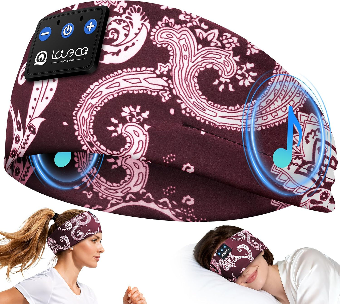 LOVE EYE Sleep Headphones Bluetooth 5.4, Sleep Mask Wireless Music Eye Mask for Side Sleepers, Soft Breathable Music Headband with HD Speaker for Workout Jogging Yoga Insomnia Travel Gift (Plum Red)