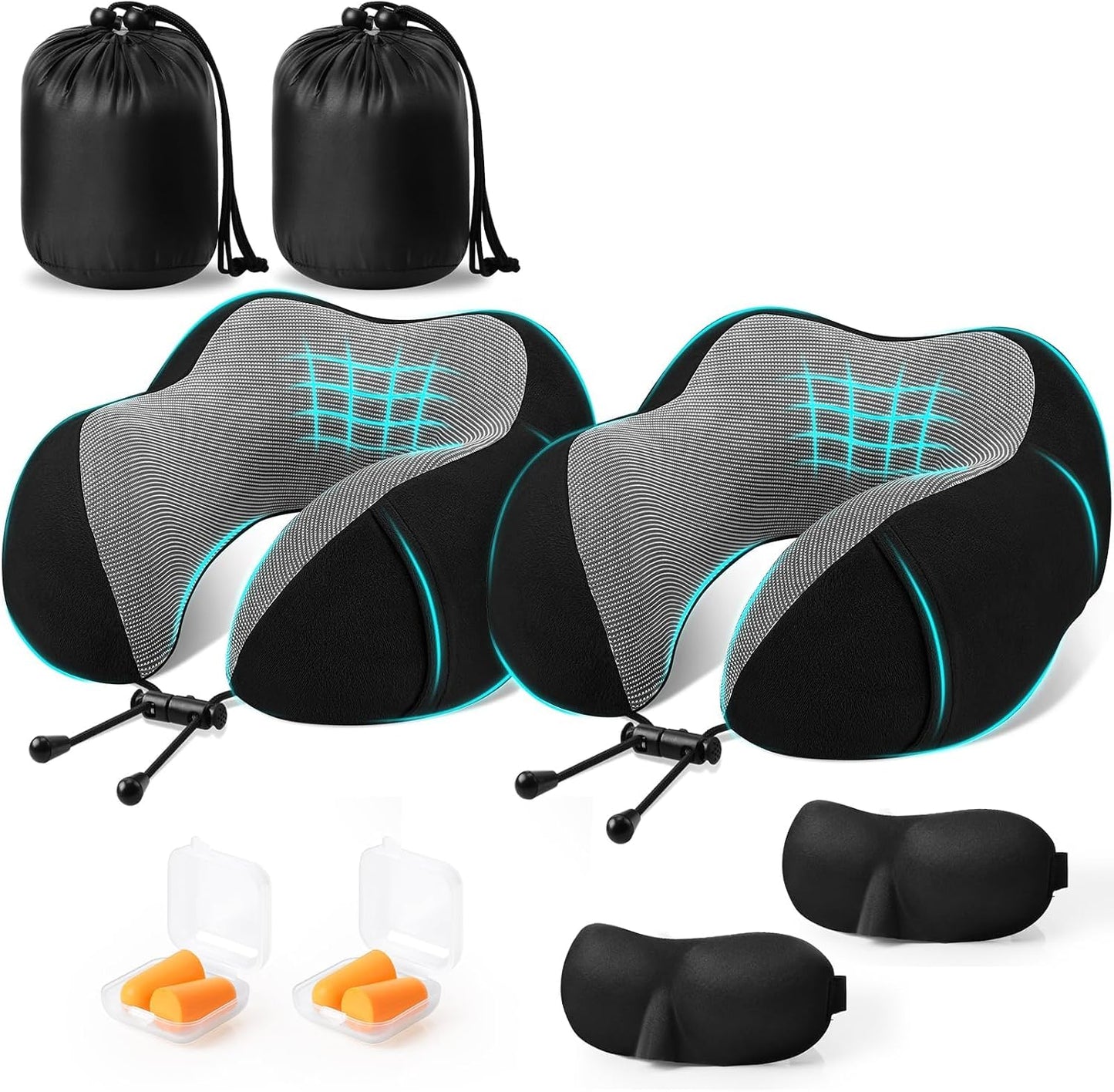 CloudBliss Neck Pillow for Airplanes, Memory Foam Travel Pillow, Black | Compact Flight Pillow with Eye Mask, Earplugs, Carry Bag, Travel Neck Pillow for Long Flight Sleep, Plane Travel Essentials
