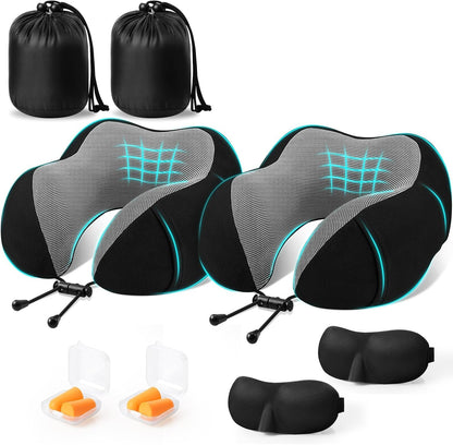CloudBliss Neck Pillow for Airplanes, Memory Foam Travel Pillow, Black | Compact Flight Pillow with Eye Mask, Earplugs, Carry Bag, Travel Neck Pillow for Long Flight Sleep, Plane Travel Essentials