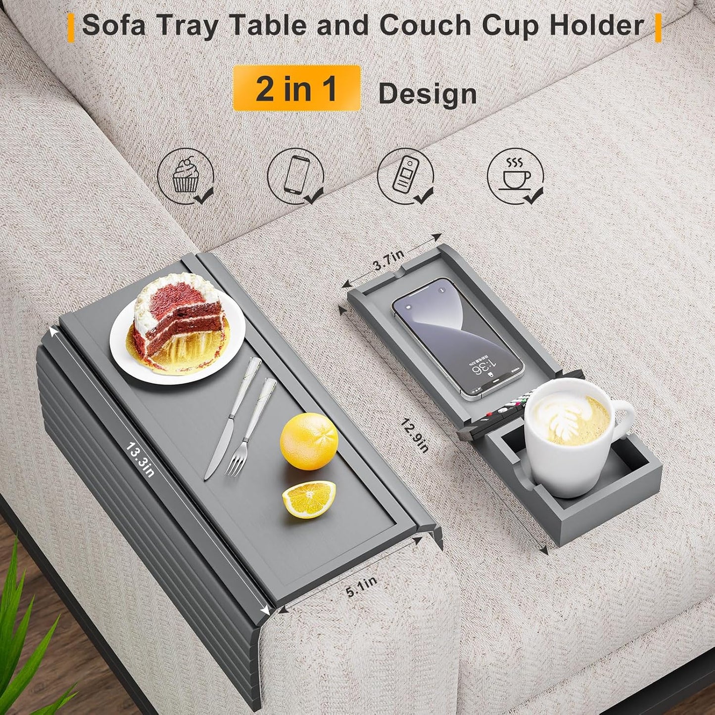 Bestjing Bamboo Sofa Armrest Tray - Couch Arm Tray with Detachable Couch Cup Holder - 2 in 1 Anti-Slip Foldable Sofa Armchair Caddy Table for Drinks Cellphone TV Remote Snacks