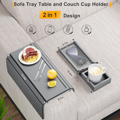 Bestjing Bamboo Sofa Armrest Tray - Couch Arm Tray with Detachable Couch Cup Holder - 2 in 1 Anti-Slip Foldable Sofa Armchair Caddy Table for Drinks Cellphone TV Remote Snacks
